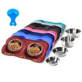 Hubulk Pet Dog Bowls 2 Stainless Steel Dog Bowl with No Spill Non-Skid Silicone Mat + Pet Food Scoop Water and Food Feeder Bowls for Feeding Small Medium Large Dogs Cats Puppies (Small, Burgundy)