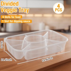 Shellwei 4 Pcs Jumbo Veggie Tray 15.6" x 11.2" x 3" Vegetable Dish Divided Serving Tray Travel Serving Platter Fruit Platter for Veggie, Taco, Fruit, Salad in Party/Buffet (No Lid)
