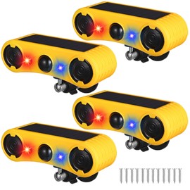 Qualirey Solar Outdoor Motion Sensor Alarm 2 x 129db Loud Noise Maker 13 Sound Detector Strobe Light, 4 Modes Animal Deterrent Dog Barking Alarm Mount on Ground or Fence for Garden Yard(4 Pack)