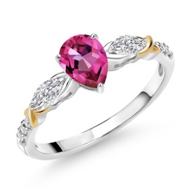 Gem Stone King 925 Silver and 10K Yellow Gold Pure Pink Mystic Topaz and White Lab Grown Diamond Engagement Ring For Women | 1.11 Cttw | Pear Shape 7X5MM | Gemstone November Birthstone | Size 8