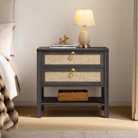 SICOTAS Night Stand with Drawers and Storage Shelf - Large Nightstands Rattan Decor Boho Bedside Table Narrow Side Table for Bedroom, Small Space