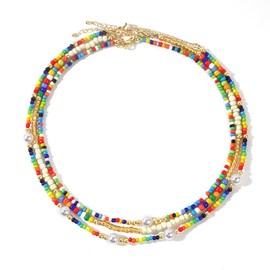 SHINUS BOHO Layered Beaded Necklace for Women, Colorful Pearl & Gold - Tone Chain Statement Jewelry, 3Pcs Summer Beach Party Accessory with Trendy Bohemian Style, Ideal for Vacation & Daily Outfits