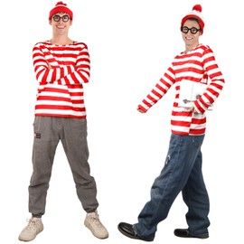 Moiuguli Adult World Book Day Costume Long-Sleeved Red and White Striped T-Shirt, White & Red Bobble Hat, Round Glasses Carnival World Book Day Costumes Fancy Dress for Men (M)