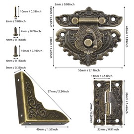 Antique Engraved Latch Hasp Hinges Box Corner Protectors with Screws Kit Embossing European Gothic Style for Jewelry Wood Cases Repairing and Decoration