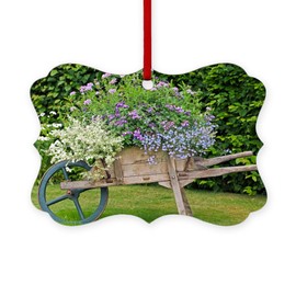 CafePress Wooden Wheelbarrow Planter Scroll Holiday Ornament 4" x 2.75"