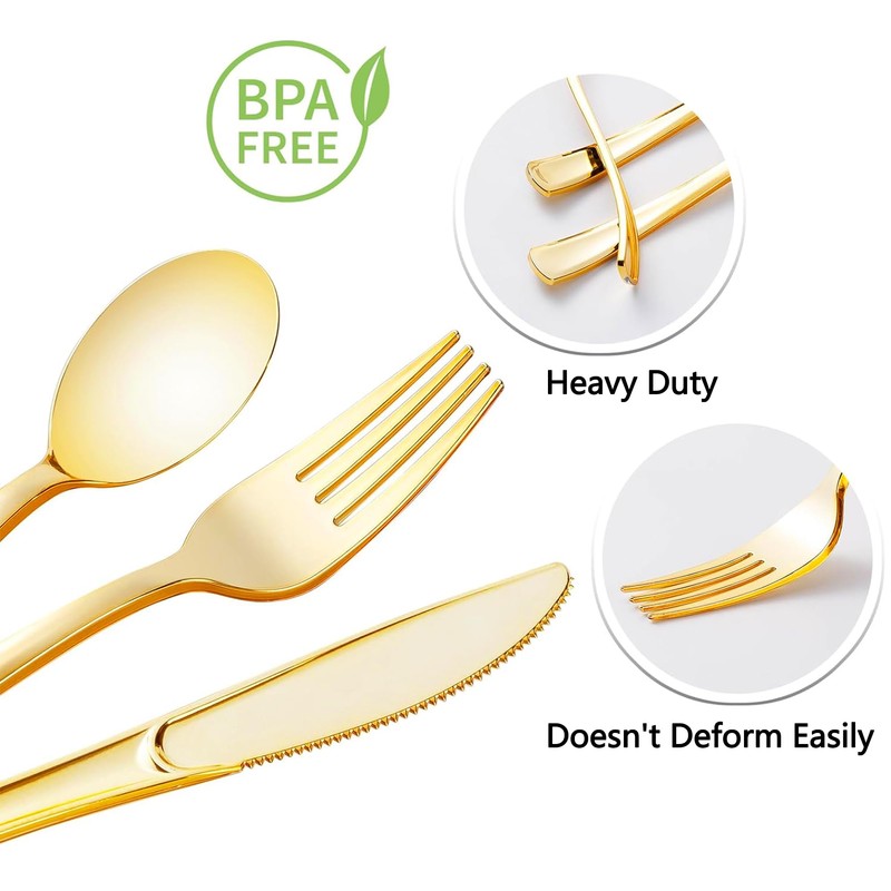 Dlebay 50 Pack Pre Rolled Gold Plastic Silverware Set,Wrapped Plastic