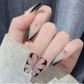 Press on Nails Medium Coffin French Tip Fake Nails Full Cover False Nails with White Butterfly Designs Black Glossy Acylic Nails with Rhinestones Artificial Nails for Women Girls 24 Pcs