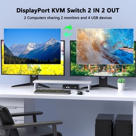 DisplayPort KVM Switch 2 Monitors 2 Computers, 4K@60Hz USB3.0 KVM Switch Display Port for 2 Computers Share Dual Monitors and 4 USB Devices, Computer Switch Monitor Switch for 2 Computers
