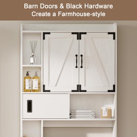 ChooChoo Over The Toilet Storage Cabinet, Farmhouse Bathroom Storage Cabinet with Barn Doors, Sliding Drawer, Adjustable Shelves, Space-Saving, White