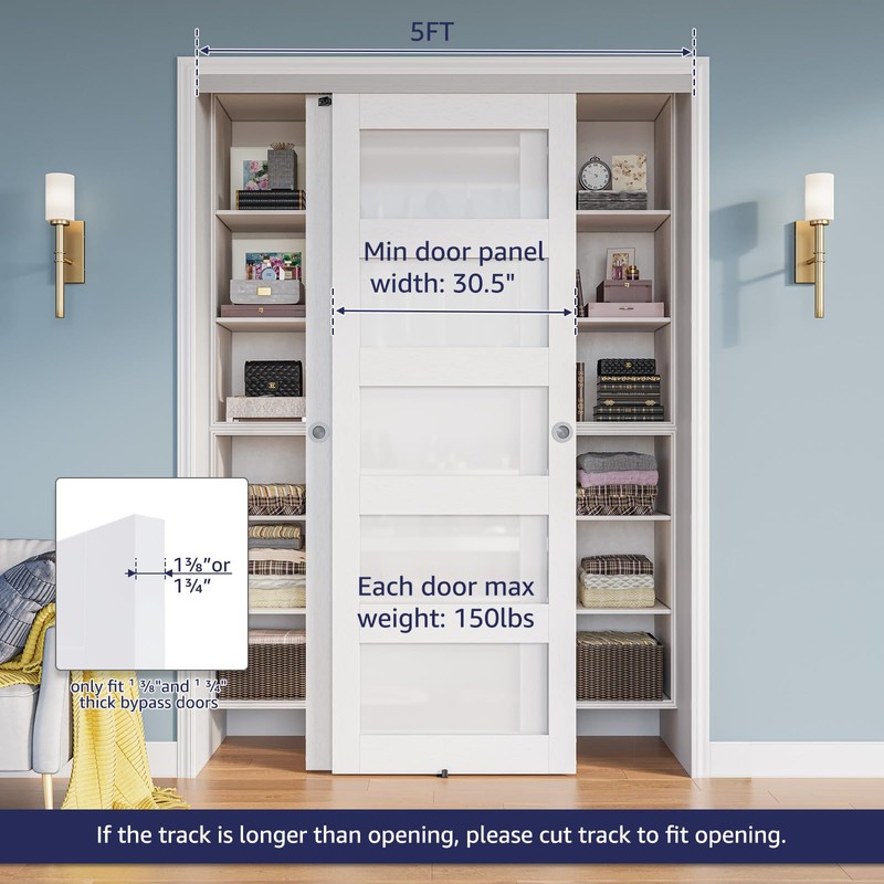 COSHOMER 5FT Bypass Door Hardware, Closet Door Track Kit, Top-Mounted