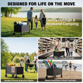 Hombetta Collapsible Wagon, Heavy Duty Wagons Carts Foldable with Wheels, 150L Utility Wagon with 360LBS Capacity Wagon Cart with Wheels Foldable for Shopping, Groceries, Camping, Sports, Beach, Black