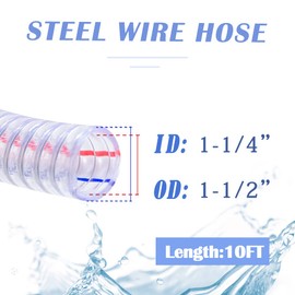 QuQuyi 1-1/4" ID x 1-1/2" OD, 10FT length Steel Wire Hose PVC Vacuum Tubing (with 2 Stainless Clamps), Drain Hose Vinyl Suction Tubing Flexible Tube Vinyl Hose Line