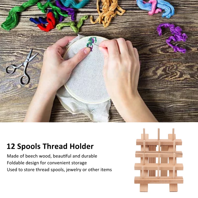 12 Spools Wooden Sewing Thread Holder Foldable Bobbin Hanging Rack