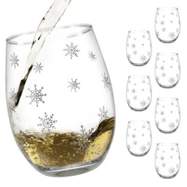 Snowflake Winter Wine Glass Set - Set of 8 Stemless Glasses with Silver Snowflake Designs - 20 oz Capacity