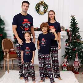 PYAEAS Christmas Pajamas for Family Matching Holiday PJ's Jammies Sets with Short Sleeve Tee and Pants Sleepwear Loungewear (Men, XL, Navy Stripe Snow)