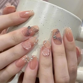 Press on Nails Medium Ballet Shaped with Camellia Pearl Design Nude French False Nails Artificial Acrylic Coffin Nails Full Cover Reusable Fake Nails Nature Fit Stick on Nails Glue on Nails for Women