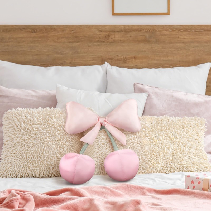 Beeveer Satin Bow Pillow Cherry Throw Pillow Aesthetic Cute Coquette