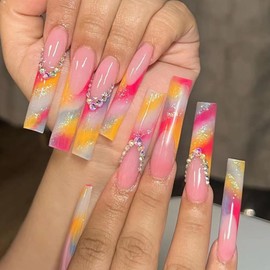 ANDGING French Tip Press on Nails Long Square Ballet Fake Nails Orange on Nails with Colorful Rhinestone Design 24Pcs Manicure Acrylic Women False Nails with Gel Stick on Nail for Wedding