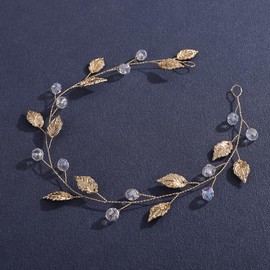 Lenjicons Vintage Golden Leaf Crystal Beads Hair Vine Simple Leaf Headband Wedding Hair Vine Bridal Hair Accessories for Women Bridal Hairpiece for Women