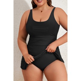 Eomenie Plus Size Swimdress for Women One Piece Swimsuit Tummy Control Swim Dresses Skirt Bathing Suit Black