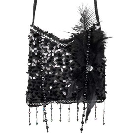 Boland 1920s Flapper Handbag – Black Sequin Charleston Bag with Beads, Pearls & Feather – Fancy Dress Accessory for Gatsby, Carnival, Costume Party & Theatre – 19 x 19 cm