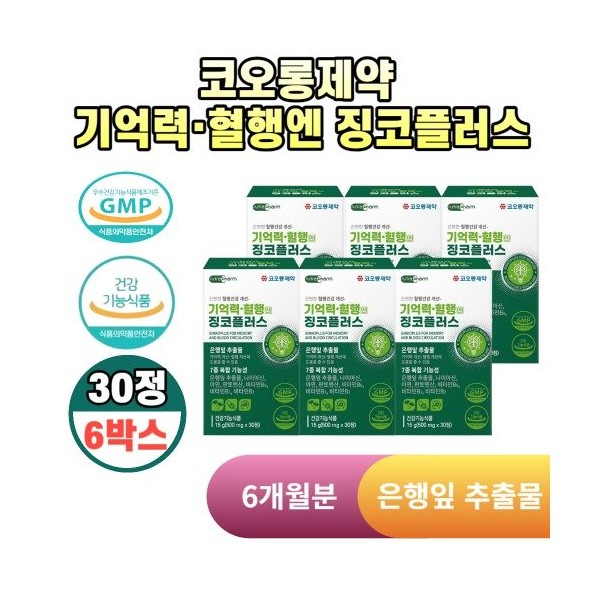 Kolon Pharmaceuticals Ginkgo Plus 30 tablets for memory and blood circulation, 6 boxes / 코오롱제약 기억력 혈행엔 징코플러스 30정 6박스