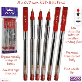 CLARO Lucky Ballpoint Pens, RED, 0.7mm Fine Point, Pack of 5, Smooth Ink Flow, School Home Office Value Pack, ZOFAX Black Ball Pen