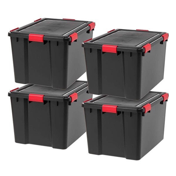 IRIS 74 Quart WeatherPro™ Plastic Storage Bin Tote Organizing Container with Durable Lid and Seal and Secure Latching Buckles, 4 Pack