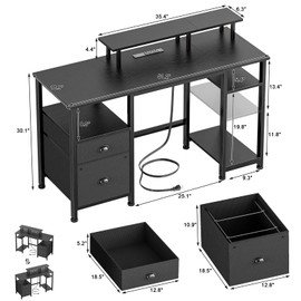 Furologee 51" Computer Desk with Outlet and LED Lights, Gaming Desk with Fabric Drawer, Home Office Table with Adjustable Shelves and Monitor Stand, Writing Study Table for Bedroom, Black