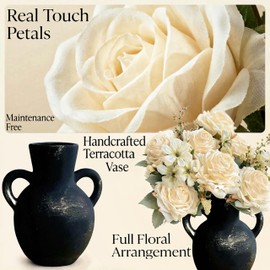 Artificial Flowers with Vase, Faux Rose Centerpiece in Terracotta, 15 Inch
