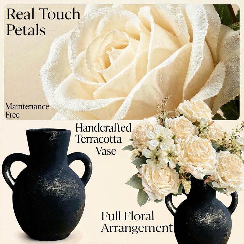 Artificial Flowers with Vase, Faux Rose Centerpiece in Terracotta, 15
