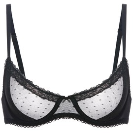 DOBREVA Women's Lace Bra Balconette See Through Underwire Sheer Mesh Demi Plus Size Black 38C