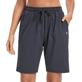 LUCKYCATCUS - Bermudas para mujer, pantalones cortos de jersey con bolsillos, pantalones cortos largos para yoga, caminar, atletismo, para mujer, hasta la rodilla, Gris-oscuro, XS