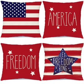 RABUSOFA 4th of July Decorations Throw Pillow Covers 18x18 Inch Set of 4,Memorial Day Patriotic Pillow Covers,America Flag Stars and Stripes Pillow Case for Home Sofa Couch(11-18)
