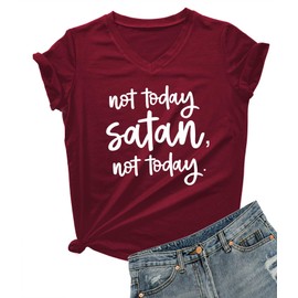 DANVOUY Women Not Today Satan V-Neck Graphic T-Shirt Casual Tops Tees Wine Red X-Large
