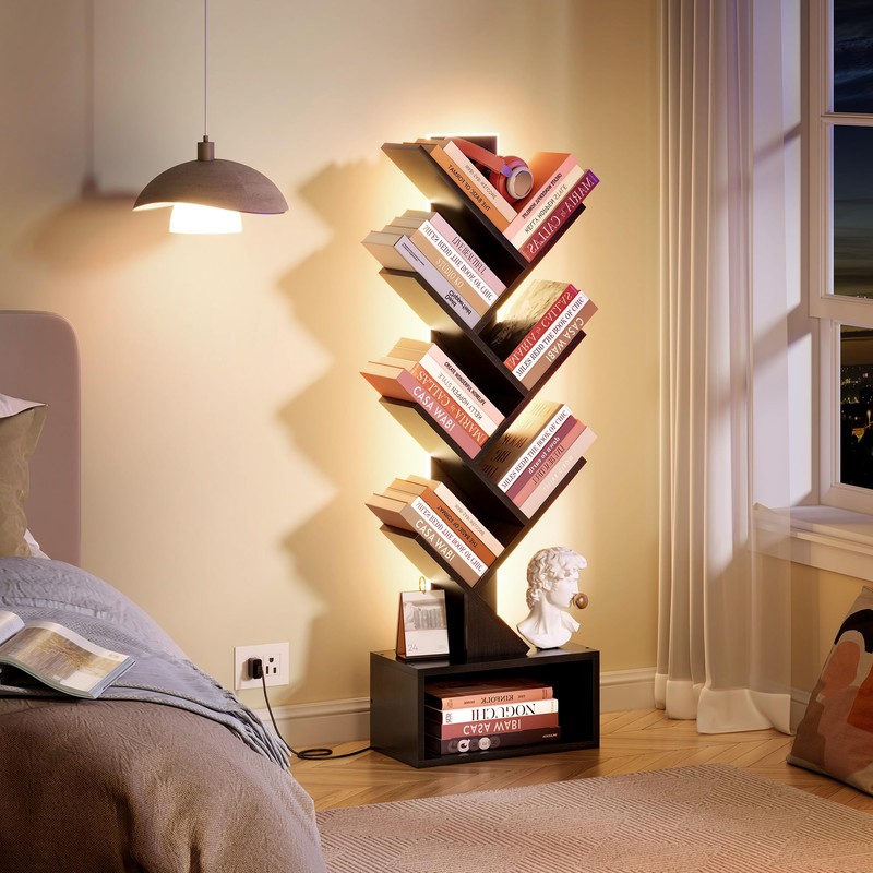 Hoctieon 6 Tier Tree Bookshelf, Tall Bookcase with Drawer, Freestanding