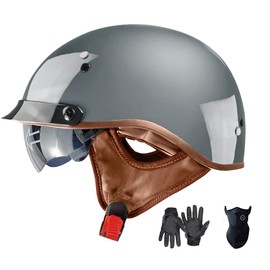 Motorcycle Half Helmet with Retractable Inner Sun Shade Quick Release Buckle DOT Approved Half Face Cycling Helmets for Men Women Adult (Gray, Medium)