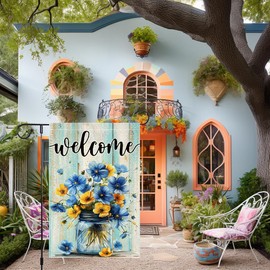 Spring Summer Garden Flags 12x18 Inch Mason Jar Garden Flag Double Sided Small Burlap Seasonal Wildflowers Home Flag for Outside Yard Welcome