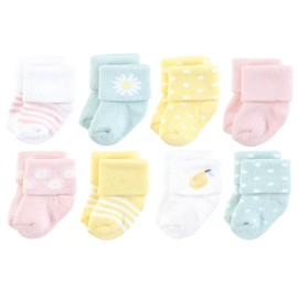 Hudson Baby Baby Infant Girl Cotton Rich Newborn and Terry Socks, Lemon Daisy, 0-6 Months, Pink