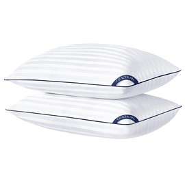 Glaciman Standard Size Bed Pillows for Sleeping Set of 2, Hotel Quality Pillows 2 Pack for Side and Back Sleepers, Breathable Cover and Down Alternative Filling, Navy Blue Piping，20X26 inches