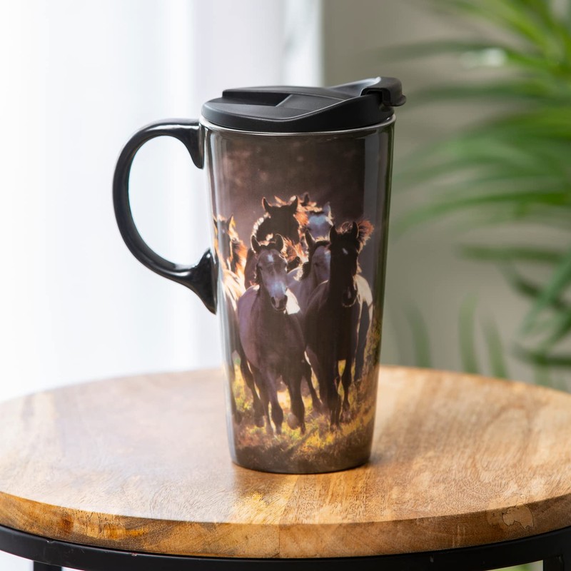 Evergreen Flag Ceramic Travel Cup, 17 OZ.,w/box, Running Horses