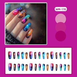 TBRZTR Press on Nails Medium Ballet Shaped False Nails Colorful Starry Sky Pattern Design Glitter Nails Stars Fake Nails Artificial Coffin Nails Glossy Glue on Nails Acrylic Nails for Women24Pcs