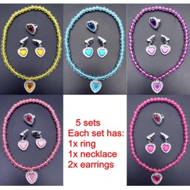 JZK 5x Princess jewellery set for girls, kids jewellery toys necklace earrings ring, princess fancy dress up costume accessories for pajama party, little girls birthday party favours gift