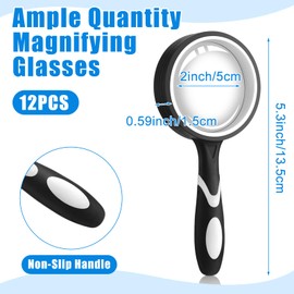 Xuhal 12 Pcs 10X Magnifying Glass Handheld Shatterproof Reading Magnifier for Seniors and Kids, 50mm Colored Magnifying Lens with Non Slip Rubber for Observation Exploration Science (Black)