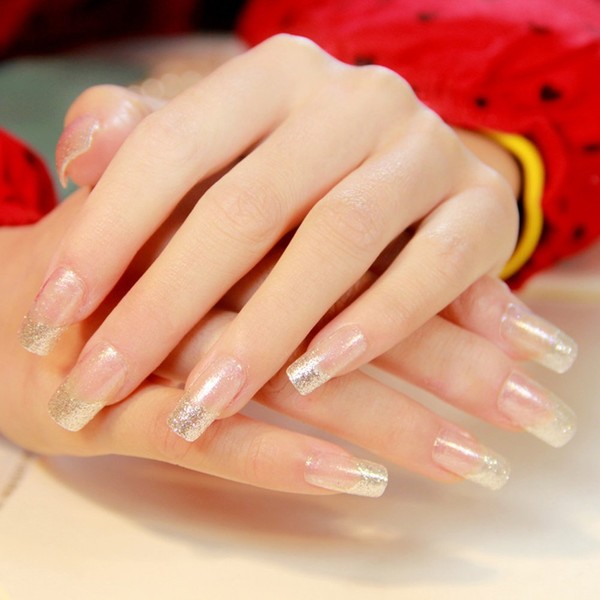 24 pieces / set false nails, transparent French artificial nails, glitter long nail design