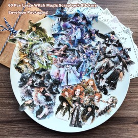 Flartmo 60 Pcs Witch Scrapbook Stickers, Froest Mystical Scrapbook Junk Journal Supplies, Waterproof Holographic Vintage Aesthetic Stickers for Journaling Scrapbooking Card Art DIY Phone Collage Decor