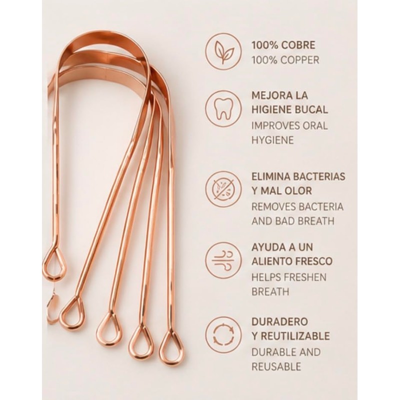 Limpiador Lingual de Cobre 100%, Higiene bucal diaria, Elimina bacterias