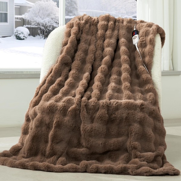 VELLUBAM Faux Rabbit Fur Bubble Heated Throw Blanket Camel -