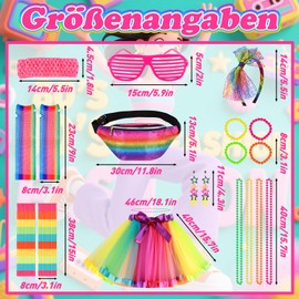 Jokureao 16 Pieces 80s Outfit Women's Set, Neon Costume Women, 80s Costumes Accessories with Tutu Skirt, Bum Bag, Headband, Mesh Gloves, Leg Warmers, Jewellery, for Party Carnival Women
