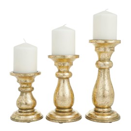 Deco 79 Mango Wood Turned Style Pillar Candle Holder, Set of 3 10", 8", 6"H, Gold
